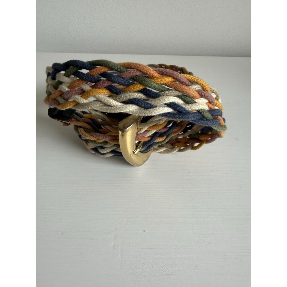 ✿ Vintage USA Brass Buckle Braided Rope Belt Boho Multicolor Festival Style Wear